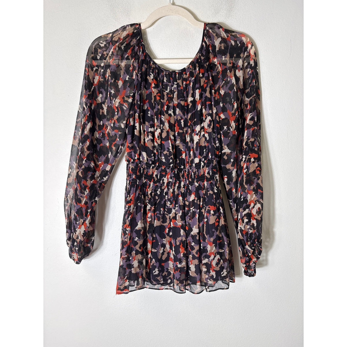 BCBG Maxazria Multicolored Long Sleeve Sheer Smocked Waist Sz XS