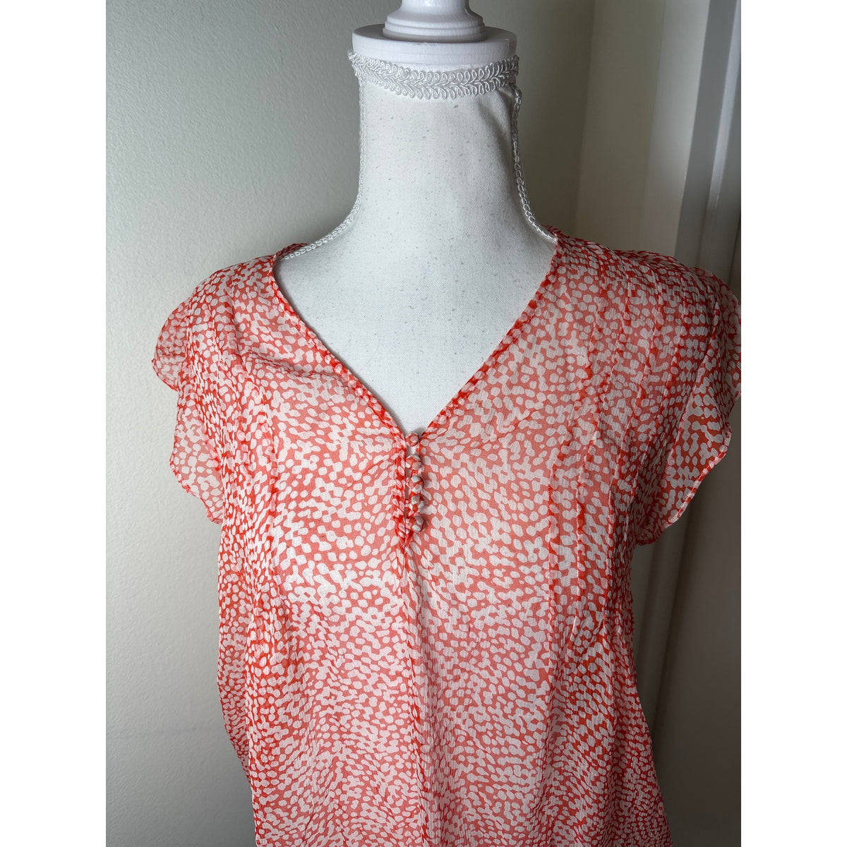 NWT Joie Red White Print Sheer Flutter Sleeve Silk Top Sz S