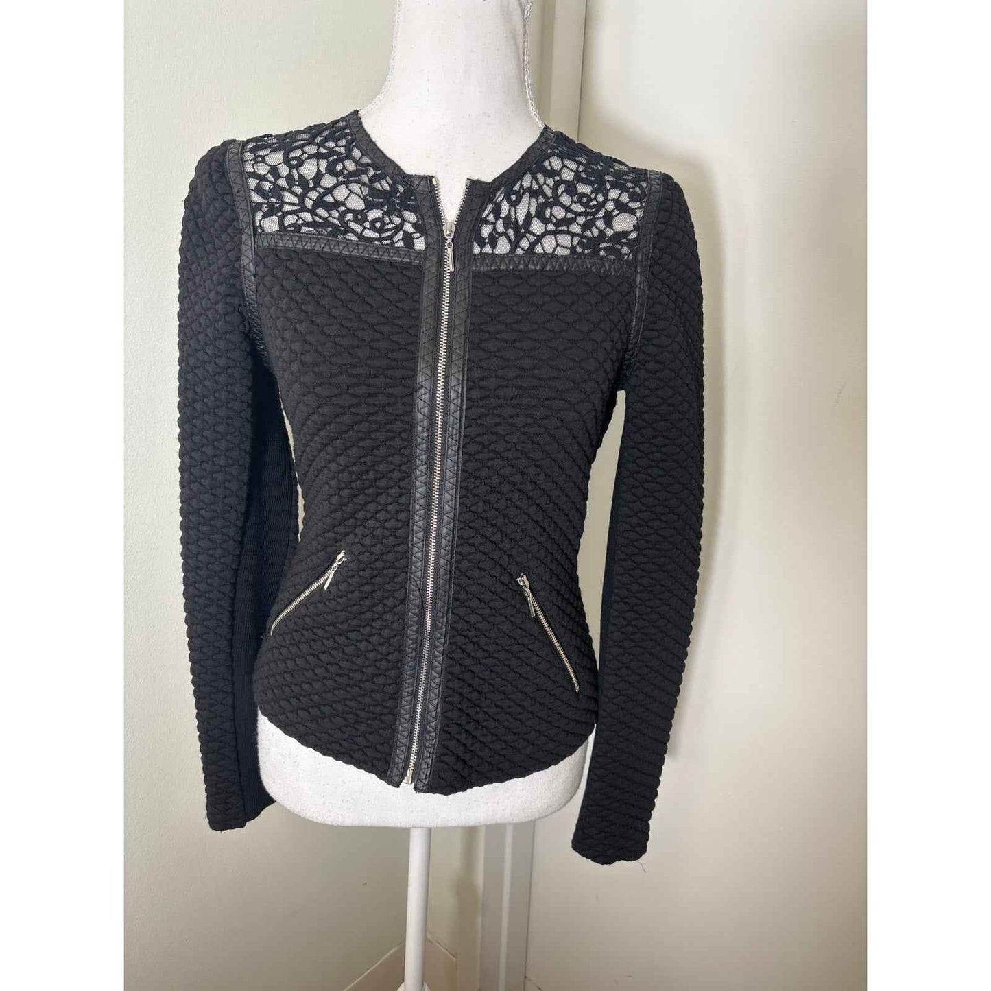 Rebecca Taylor Black Long Sleeve Mixed Media Quilted Zip Up Jacket Sz 0