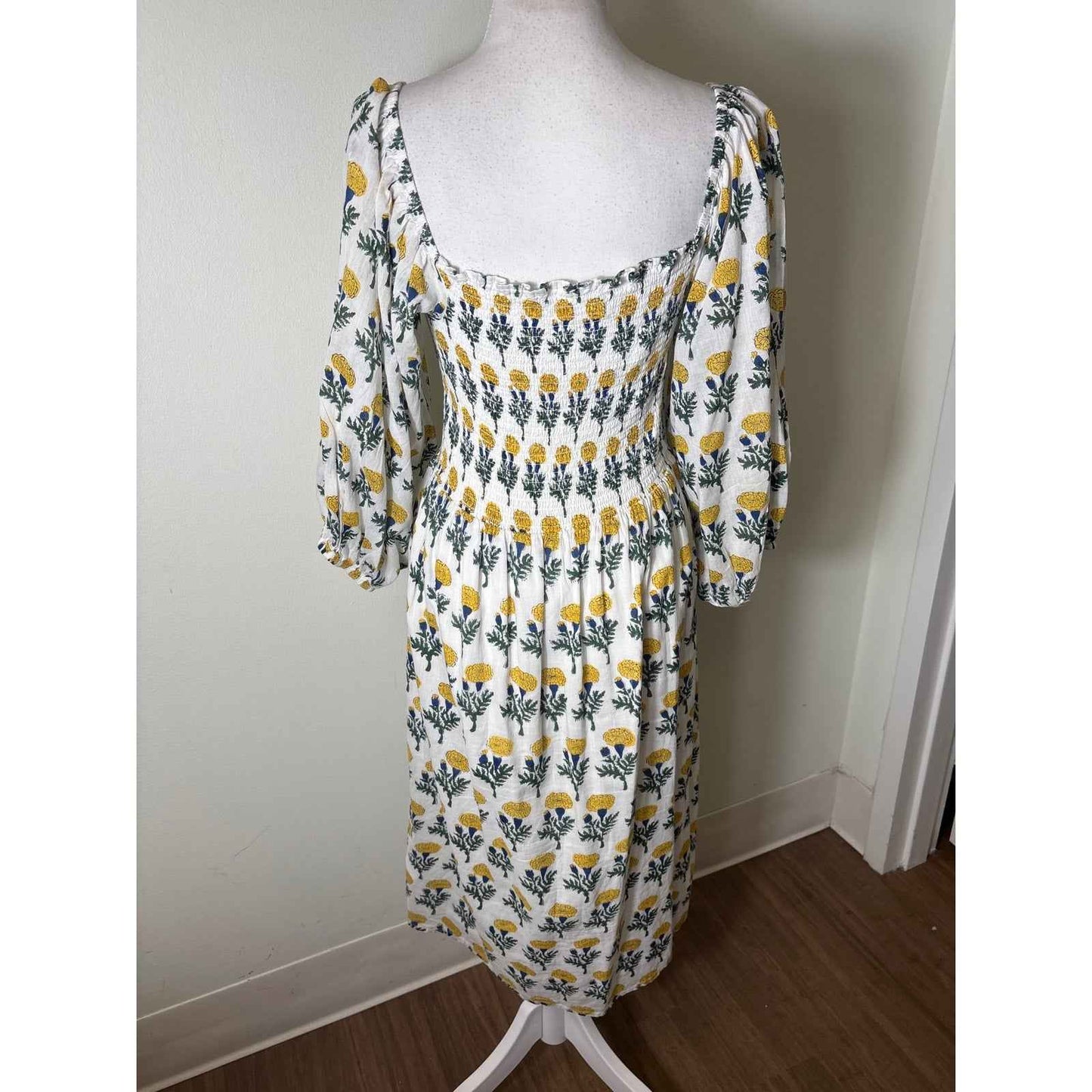 India Collection Yellow and Blue on White Floral Block Print Midi Dress Sz M/L