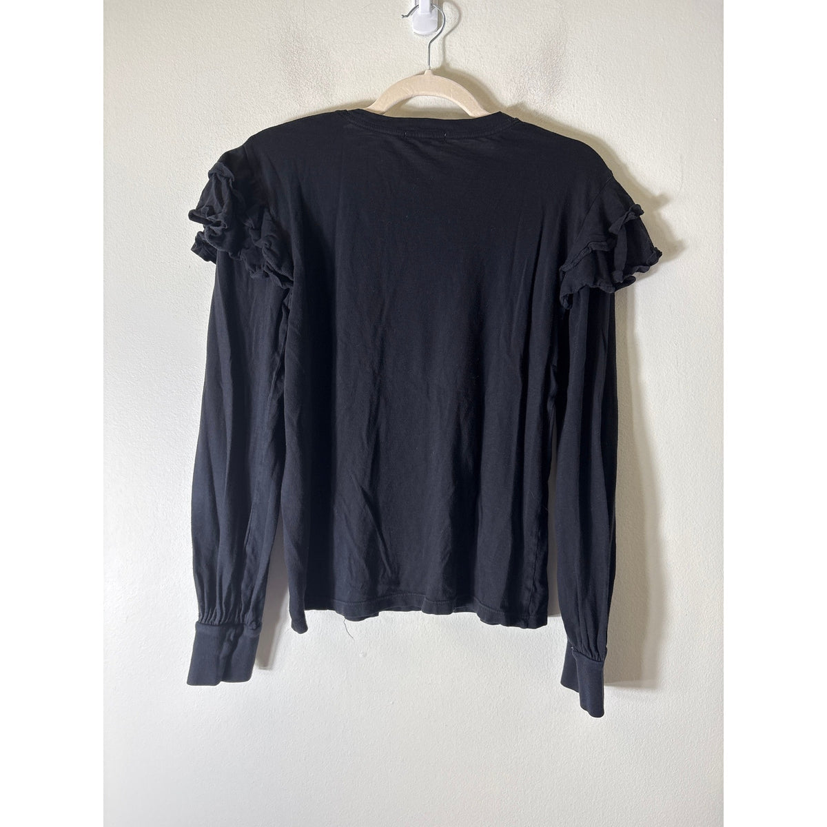 Sundry Black Long Sleeve Cotton Ruffled Shoulder Tee Sz 2