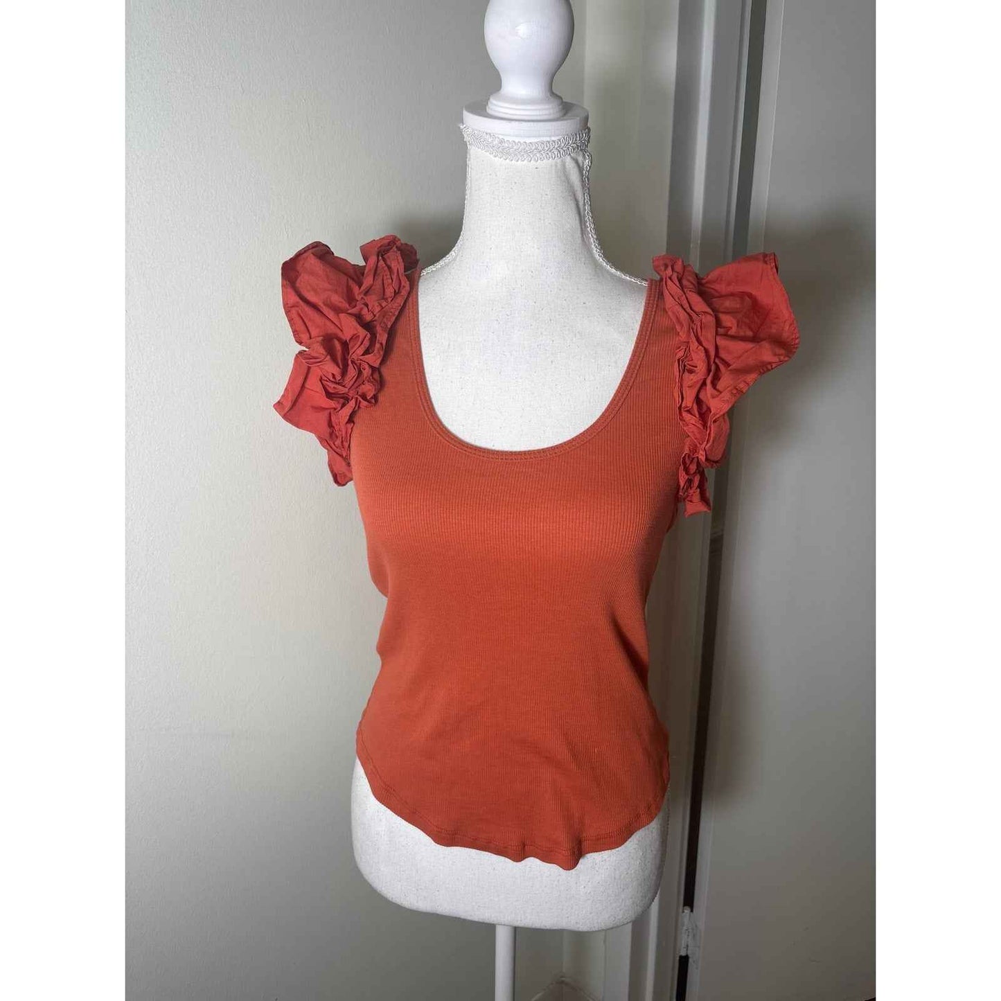 Ulla Johnson Dark Orange Mixed Media Cotton Sleeveless Ribbed Tank Sz XS