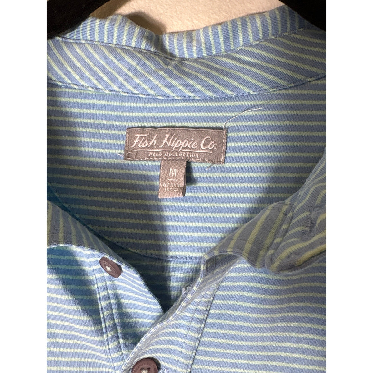 Mens Fish Hippie Co. Blue Green Stripe Short Sleeve Golf Shirt Sz m