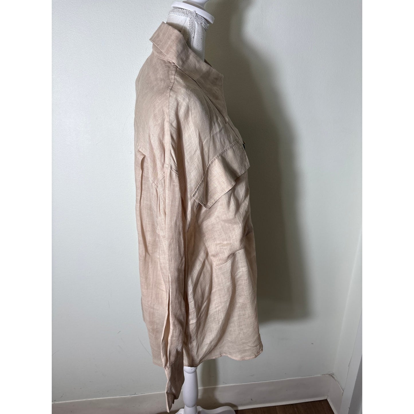 Meimeij Khaki Cotton Button Up Long Sleeve Blouse Sz 42 (large)