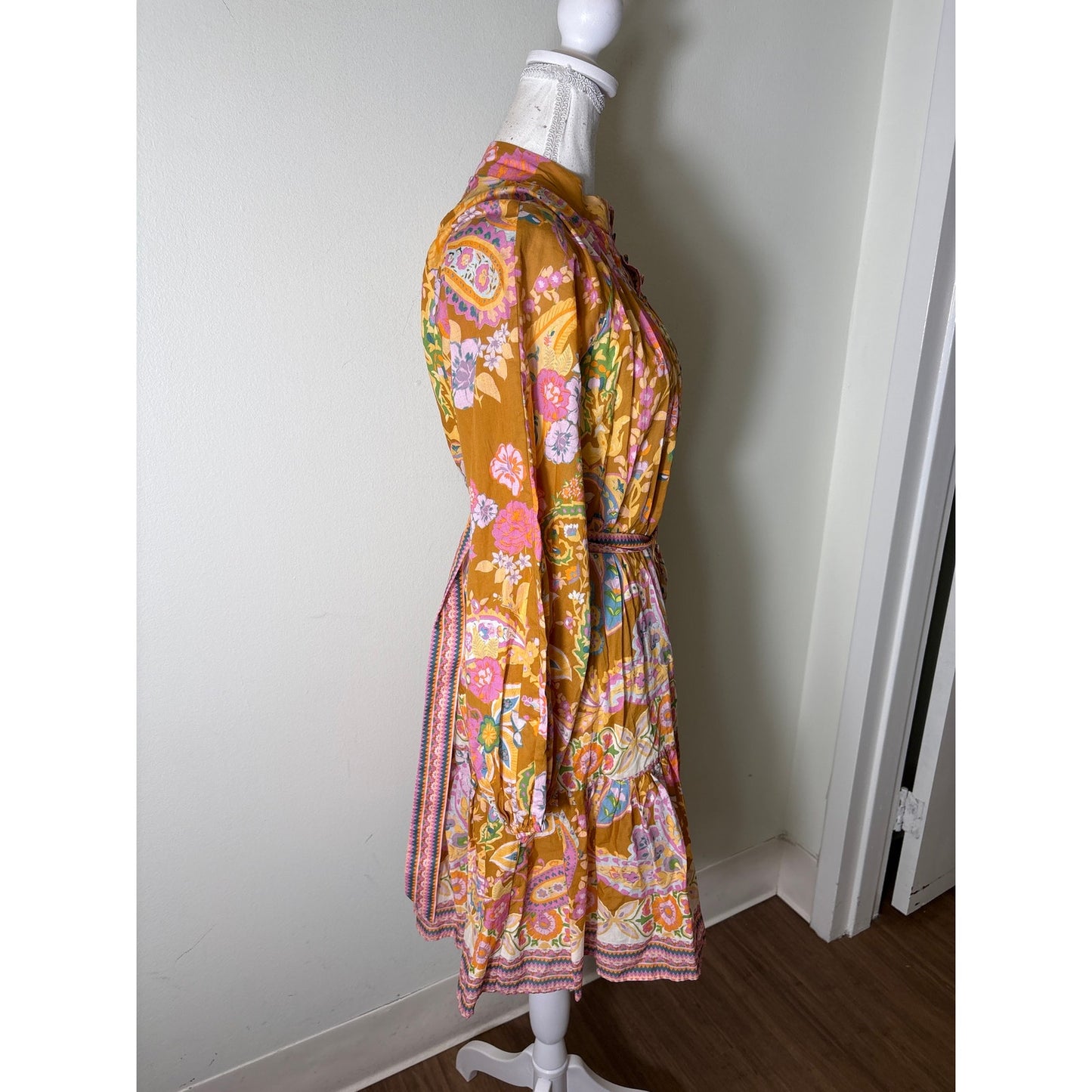 Antonio Melani Golden and Pink Floral Long Sleeve Cotton Mini Dress Sz 2
