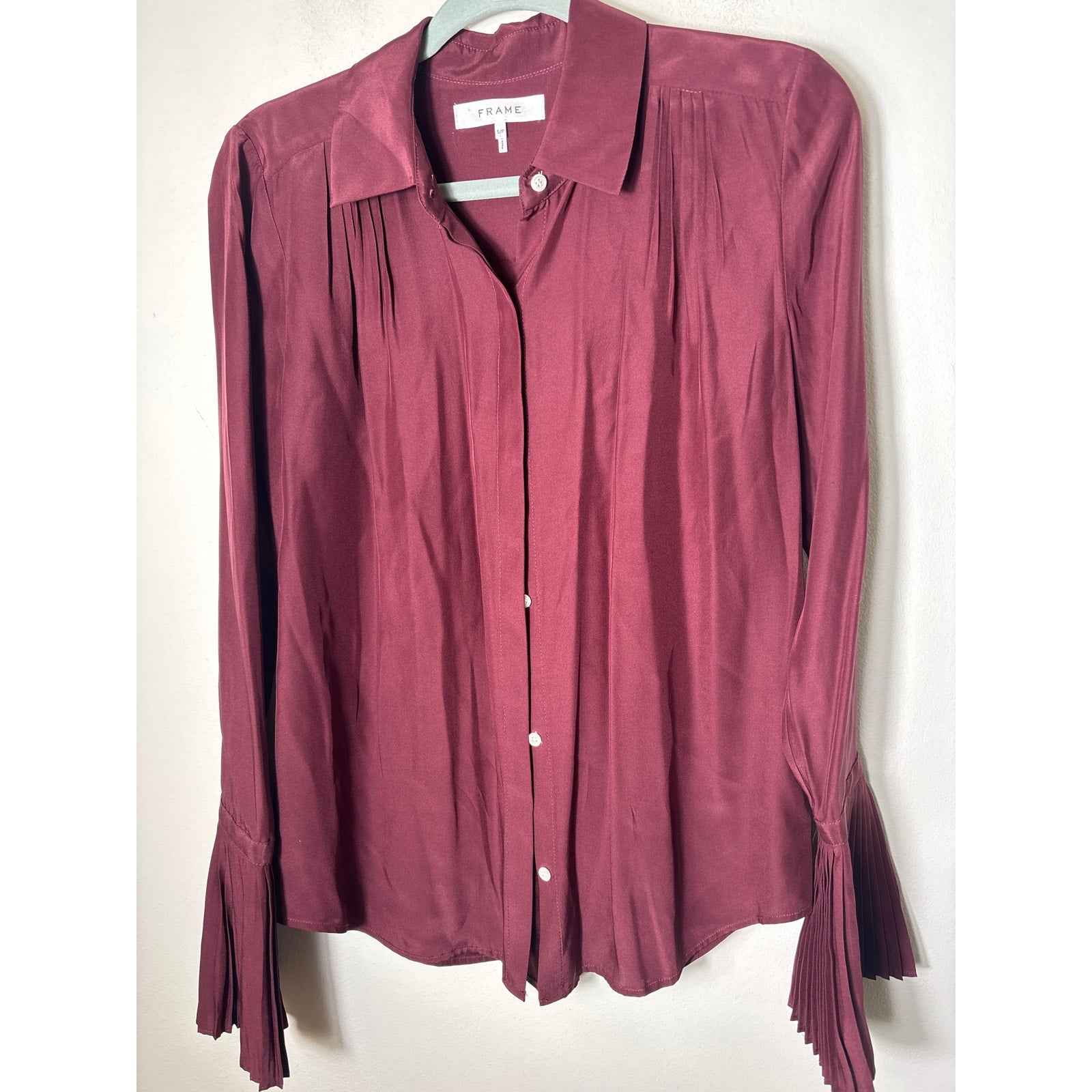 Frame Merlot Mini Pleat Cuff Button Up Shirt Sz S