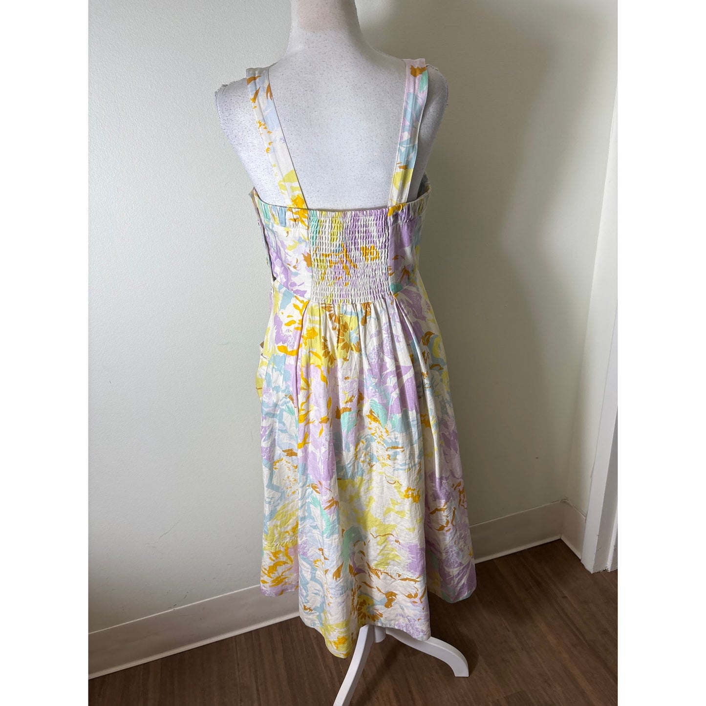 Maeve Pastel Watercolor Strapless Cotton Midi Dress Sz S