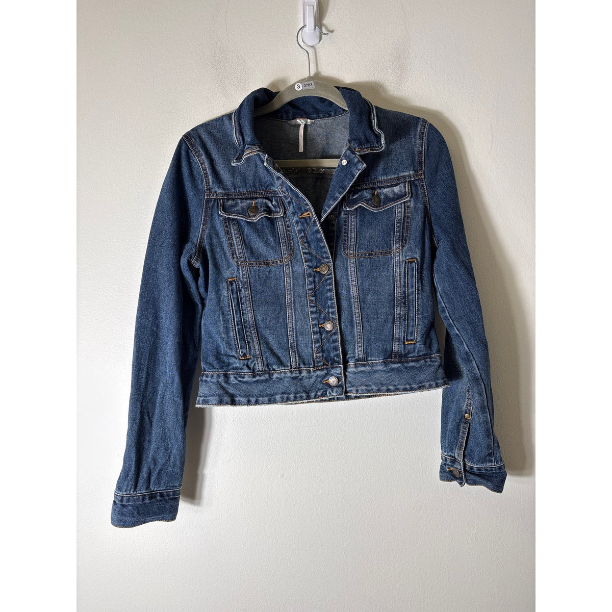 Free People Blue Denim Long Sleeve Cropped Jean Jacket Sz S