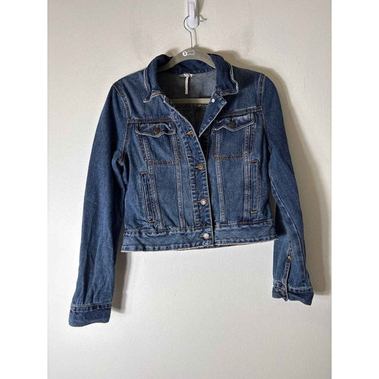 Free People Blue Denim Long Sleeve Cropped Jean Jacket Sz S