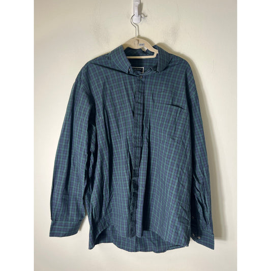 Club Room Mens Regular Fit Button Up Navy and Green Plaid Shirt Sz 17.5,  36/37