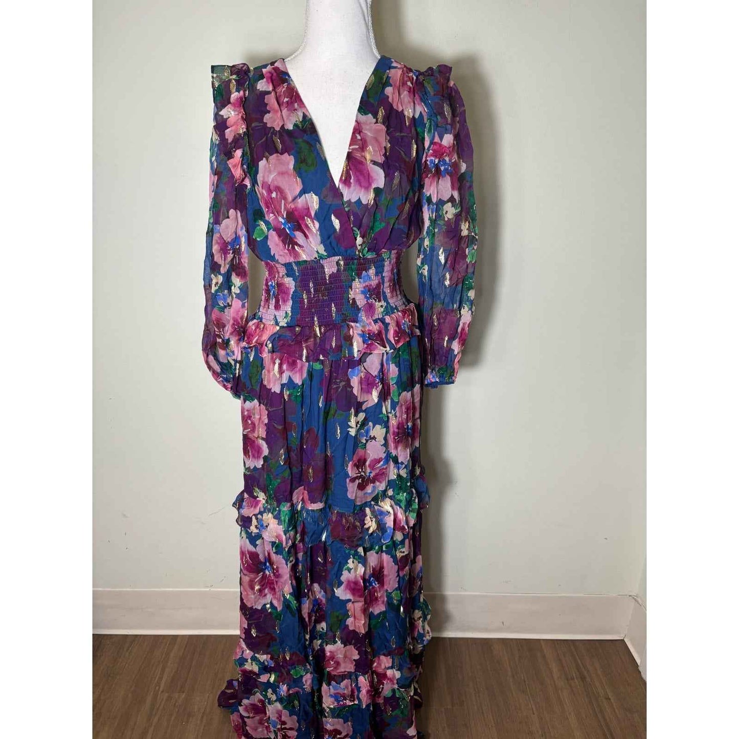 Shoshanna Midnight Multicolor Floral 3/4 Sleeve Maxi Dress Sz 10