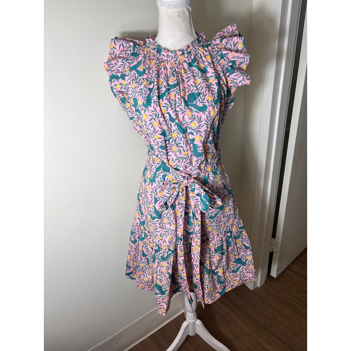 Banjanan Pink and Green Bird Midi Dress Sz M