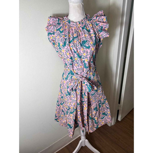 Banjanan Pink and Green Bird Midi Dress Sz M
