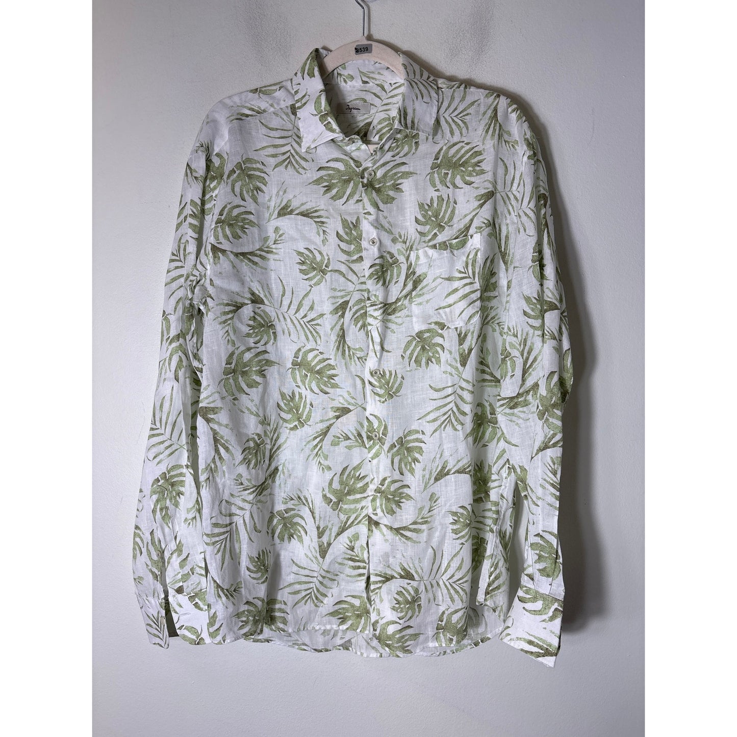 Ingram White Green Leaf Long Sleeve Linen Button Up Shirt Sz L
