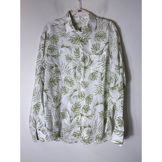 Ingram White Green Leaf Long Sleeve Linen Button Up Shirt Sz L