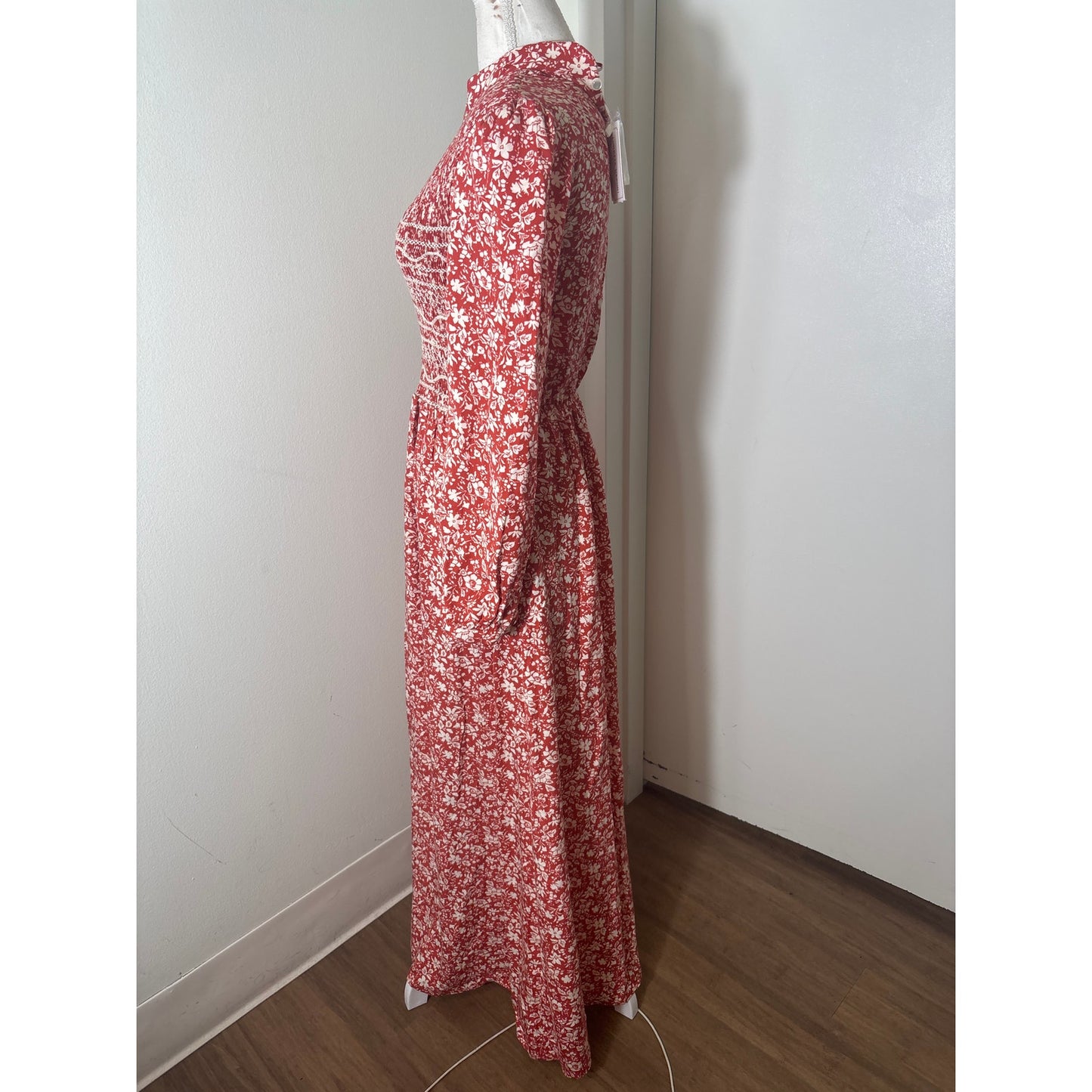 NWT Loretta Caponi Smocked Bust Long Sleeve Maxi Dress Sz S