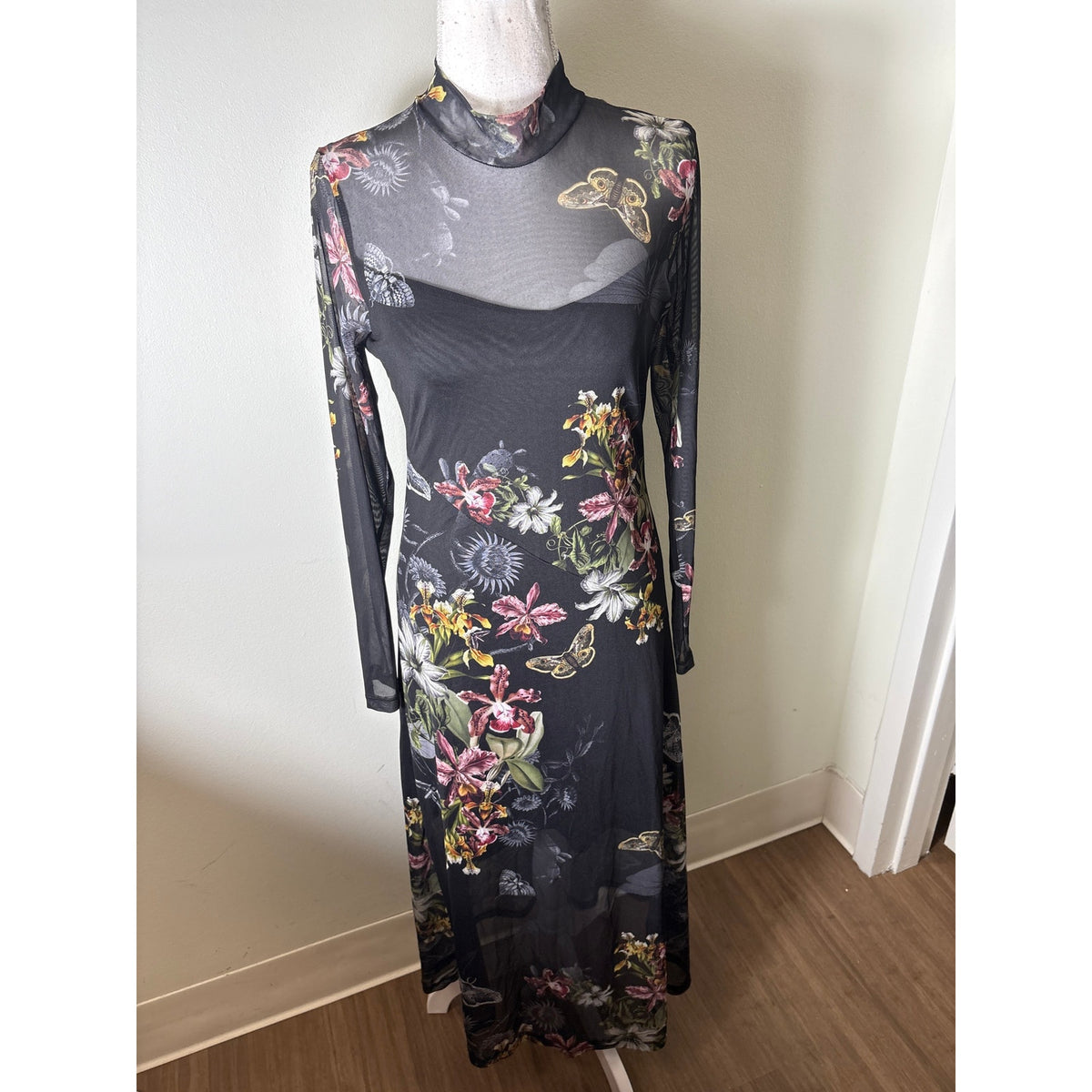 NWT All Saints Black Floral Sheer Long Sleeve Maxi Dress Sz 6
