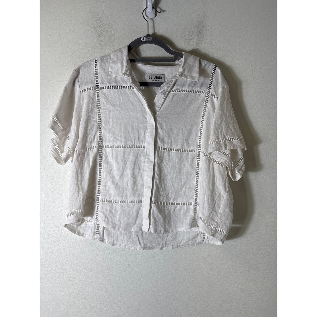 Le Jean White Short Sleeve Button Up Collared Shirt Sz M