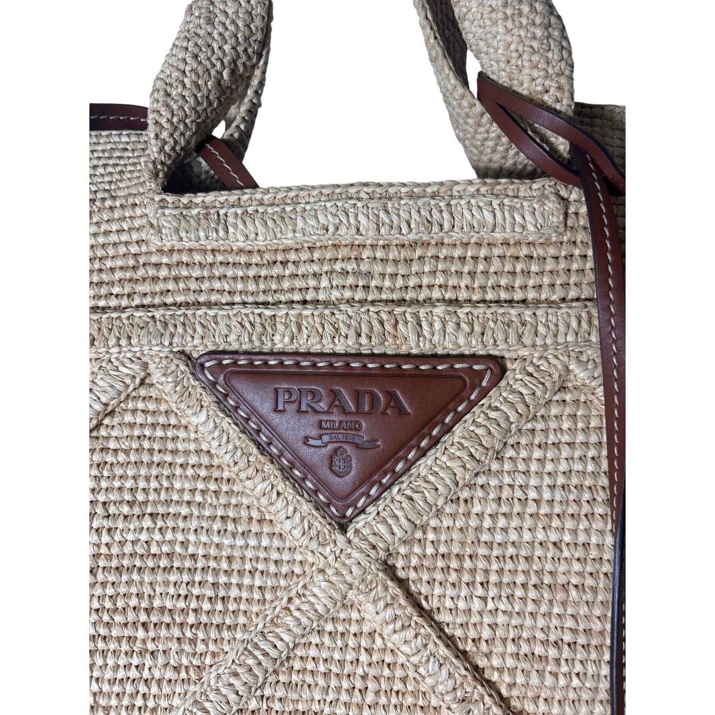 Prada Triangle Logo Shopping Tote Crochet Raffia Large with Dust Bag