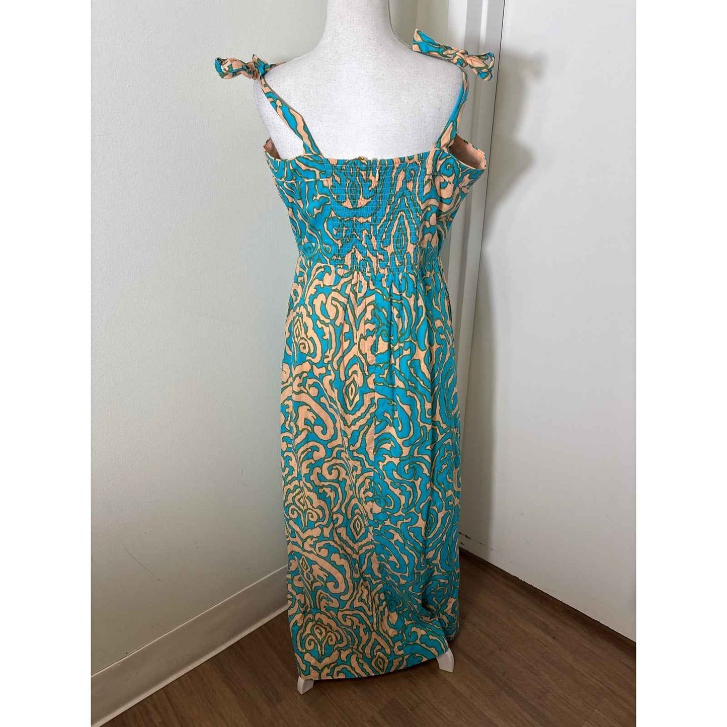 Anna Cate Peach adn Turqoise Tie Shoulder Maxi Dress Sz L