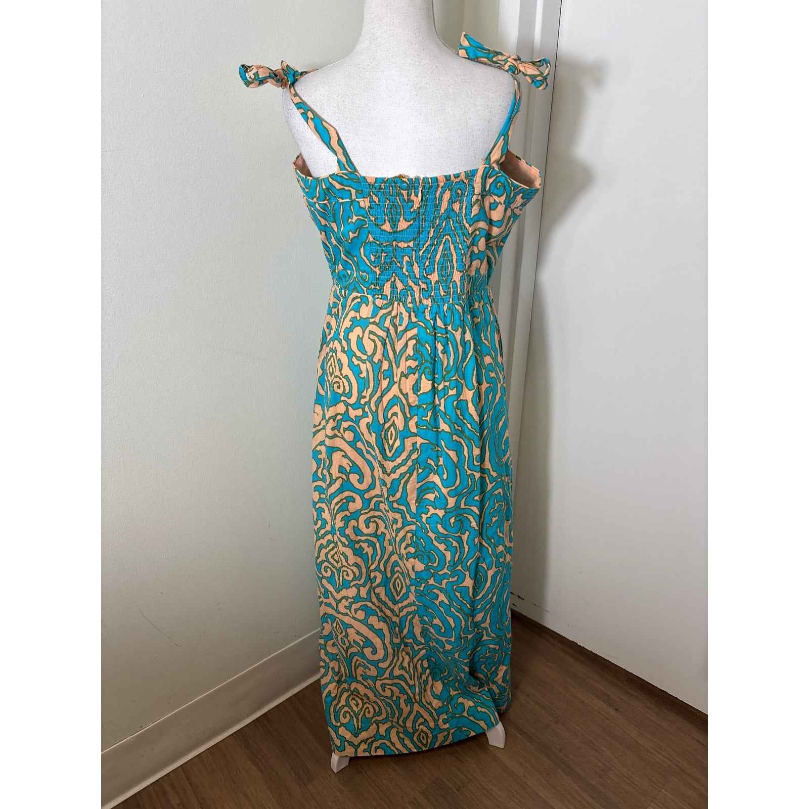 Anna Cate Peach adn Turqoise Tie Shoulder Maxi Dress Sz L