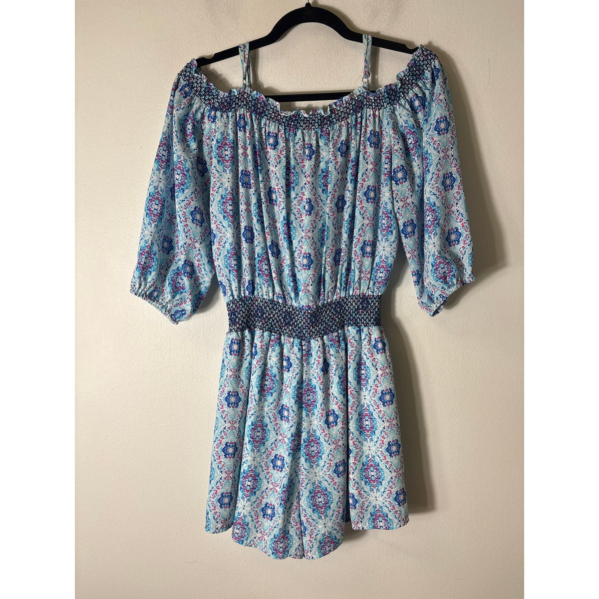 Skies are Blue Blue Cold Shoulder 3/4 Sleeve Smocked Waist Romper Sz XS