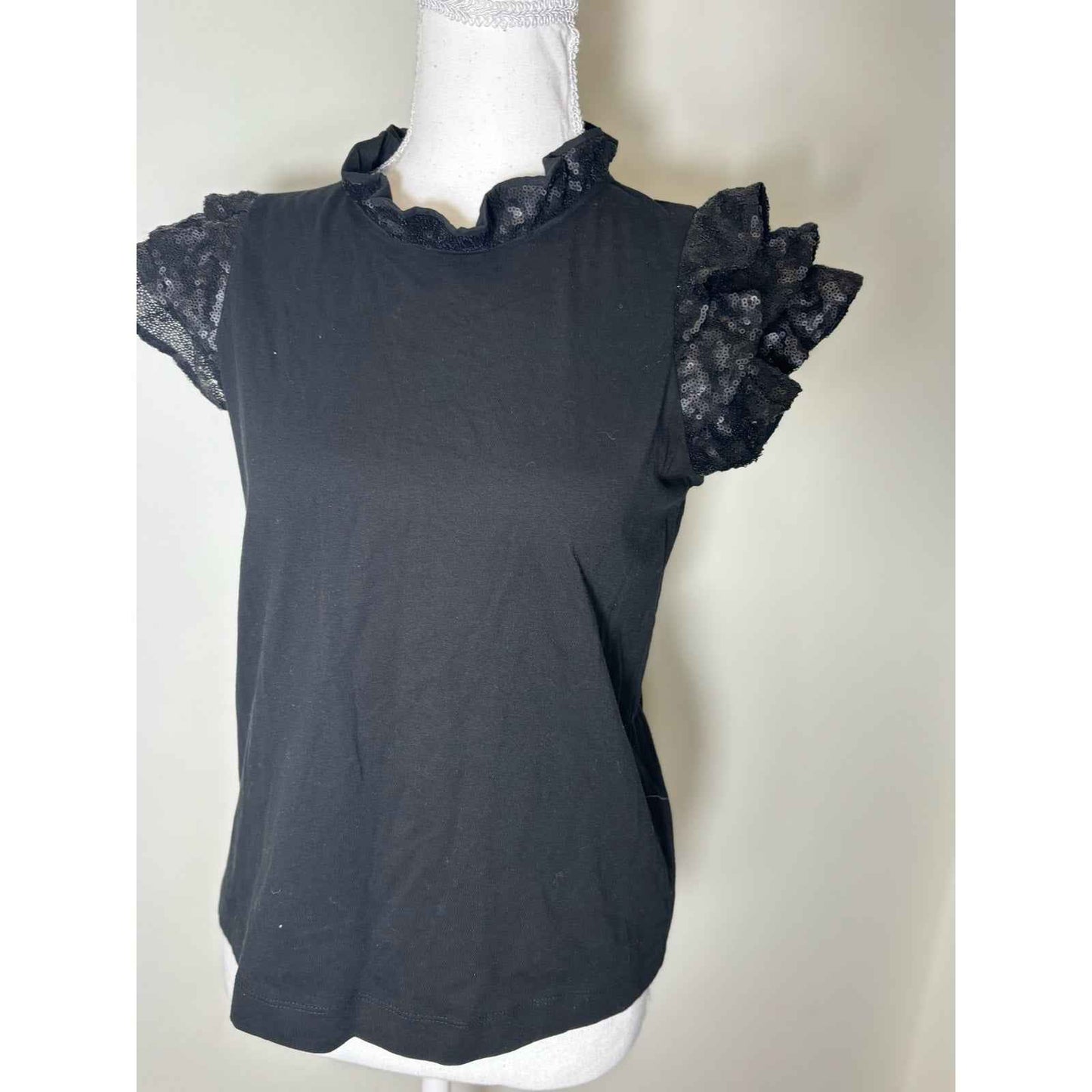 Sea Black Sequined Flutter Sleeve Tee Sz S
