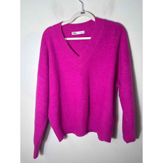 Zara Hot Pink Long Sleeve V-Neck Sweater Sz L