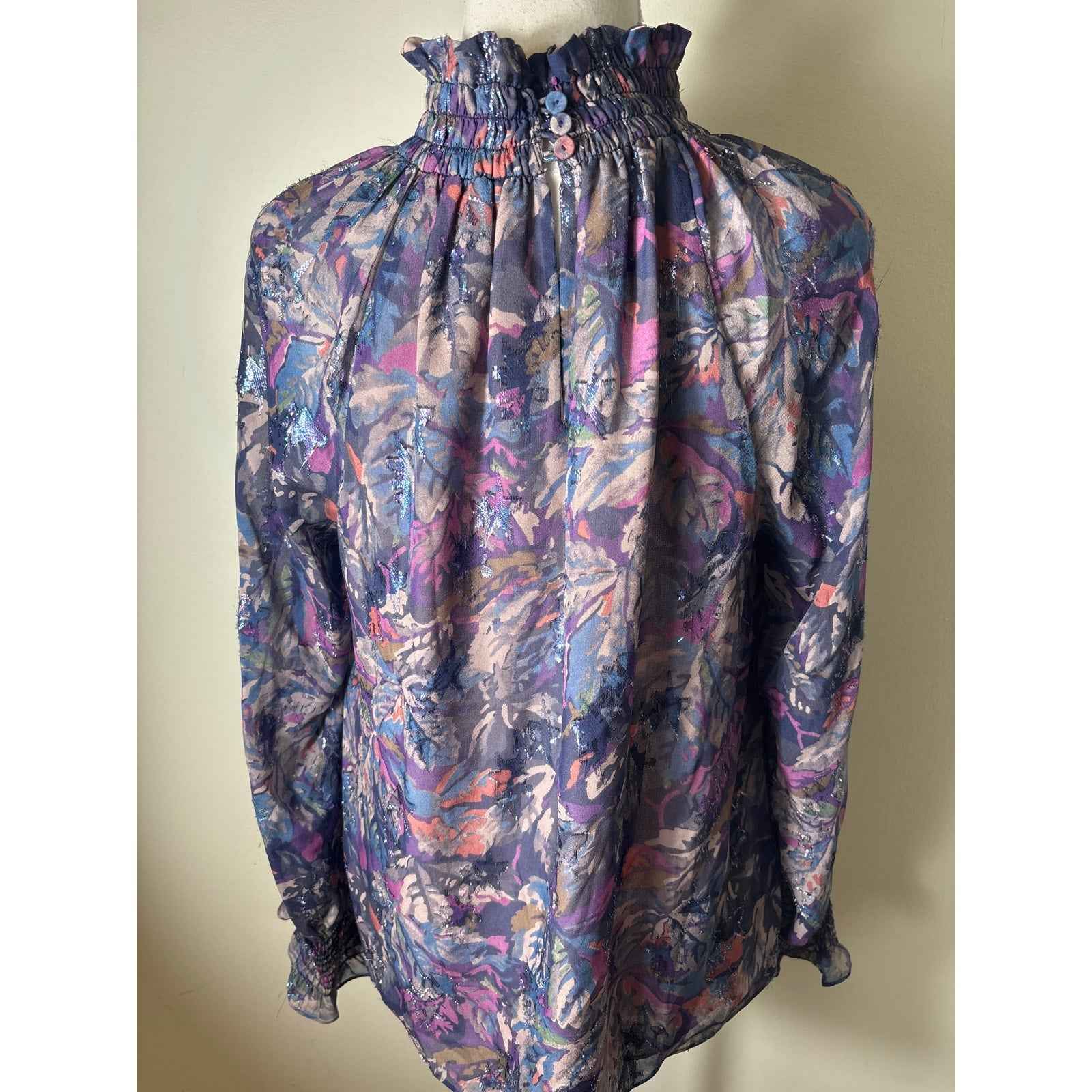 Rebecca Taylor Dark Blue and Purple Long Sleeve High Smocked Neck Blouse Sz 6