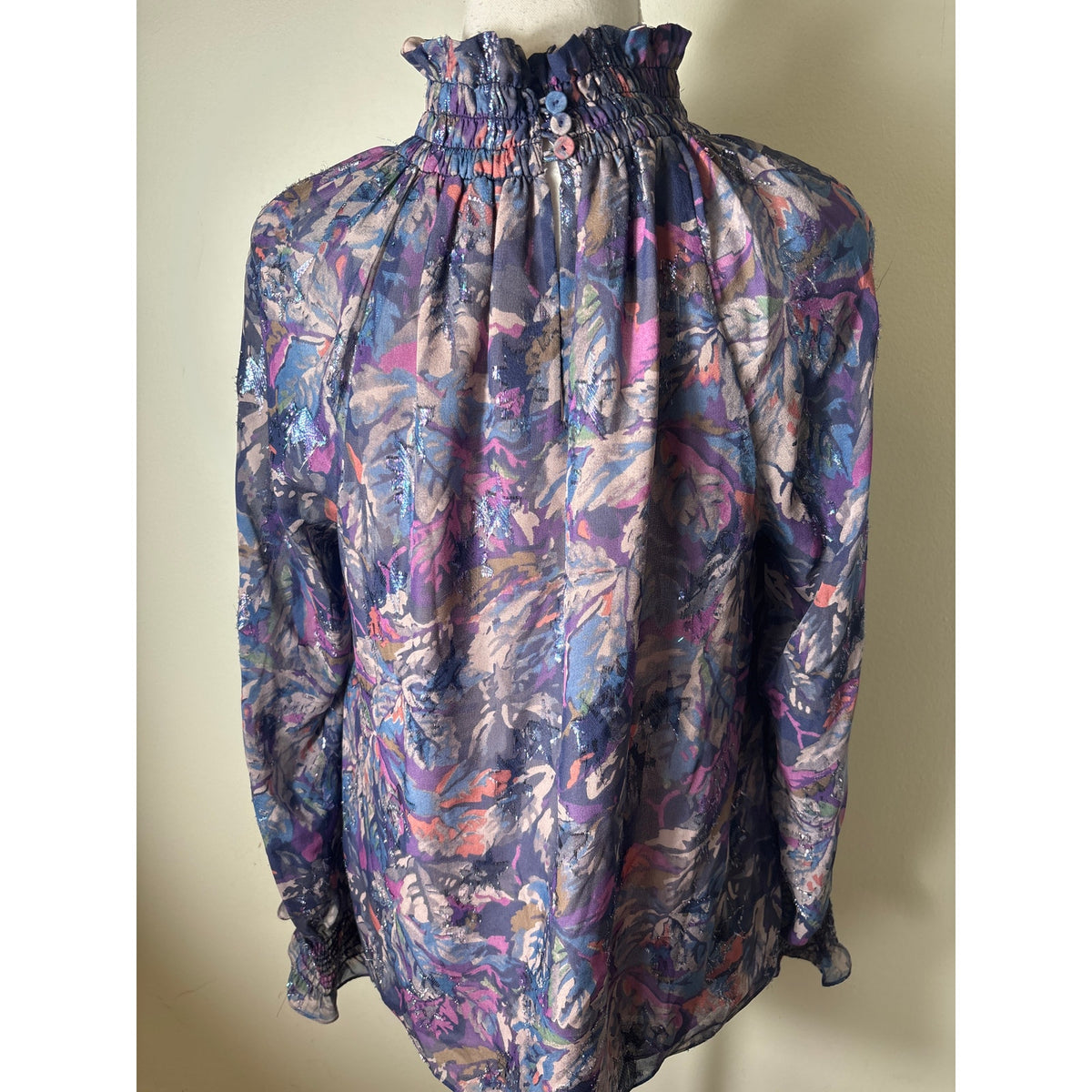 Rebecca Taylor Dark Blue and Purple Long Sleeve High Smocked Neck Blouse Sz 6