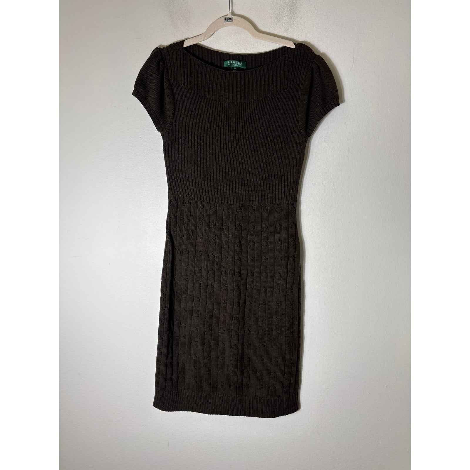 NWT Ralph Lauren Dark Brown Cap Sleeve Midi Sweater Dress Sz M