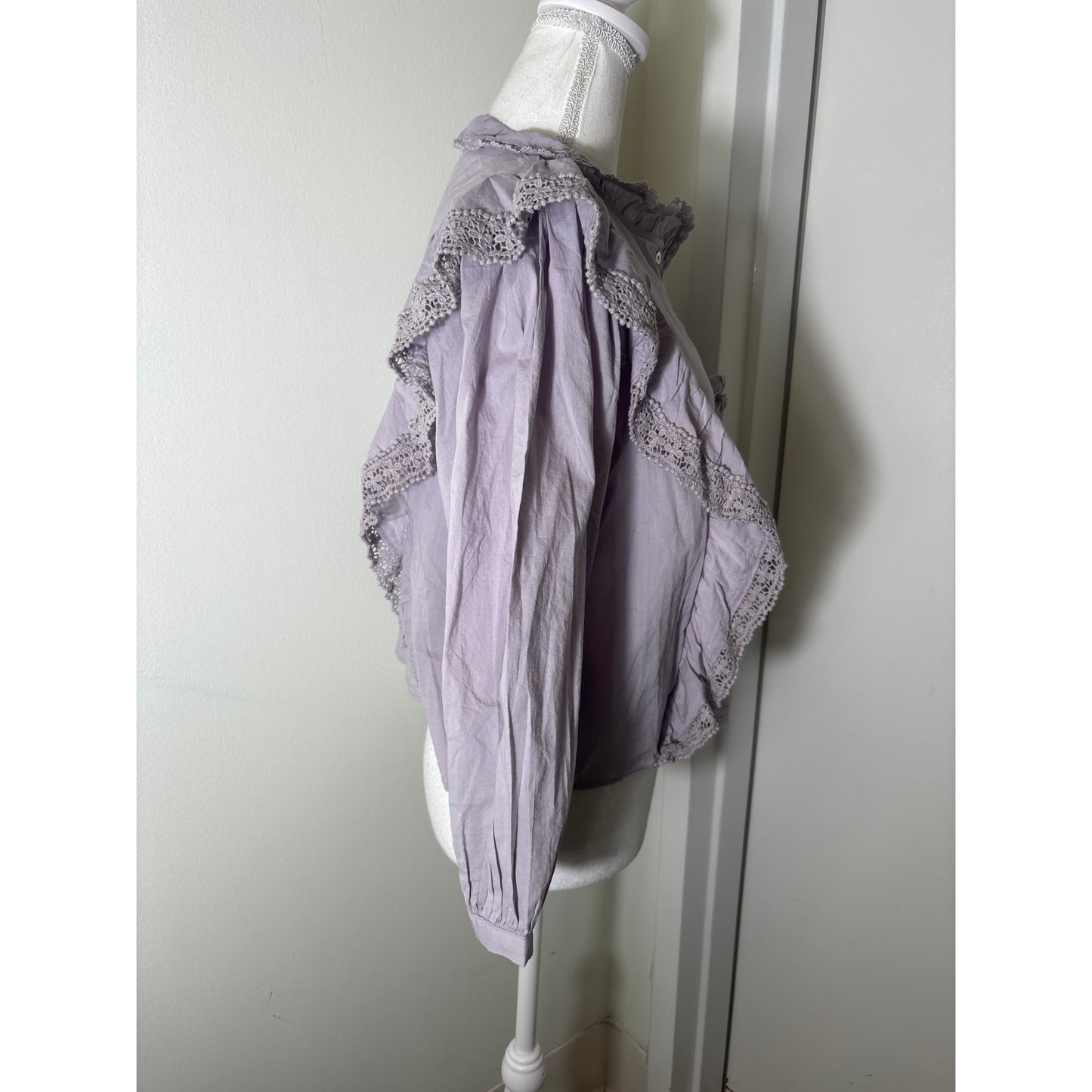 NWT Mango Lavendar Long Puff Sleeve Cotton Button Up Top Sz S