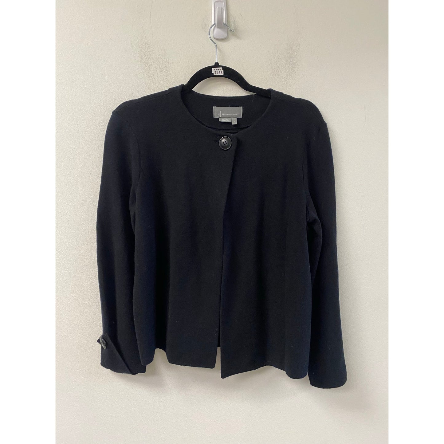 Anthropologie Black Button Up Cardigan w Ruffle Peplem In Back- So cute! SZ S
