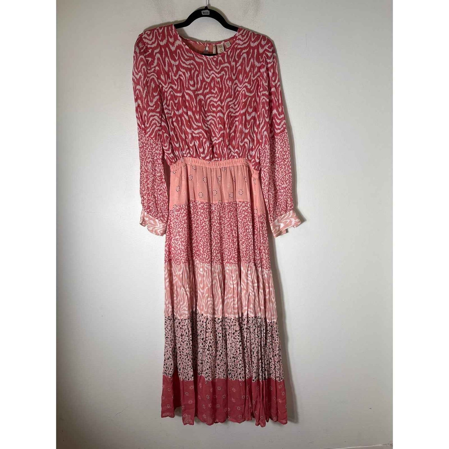 DOLAN Pink Long Sleeve Patchwork Tiered Maxi Dress Sz S