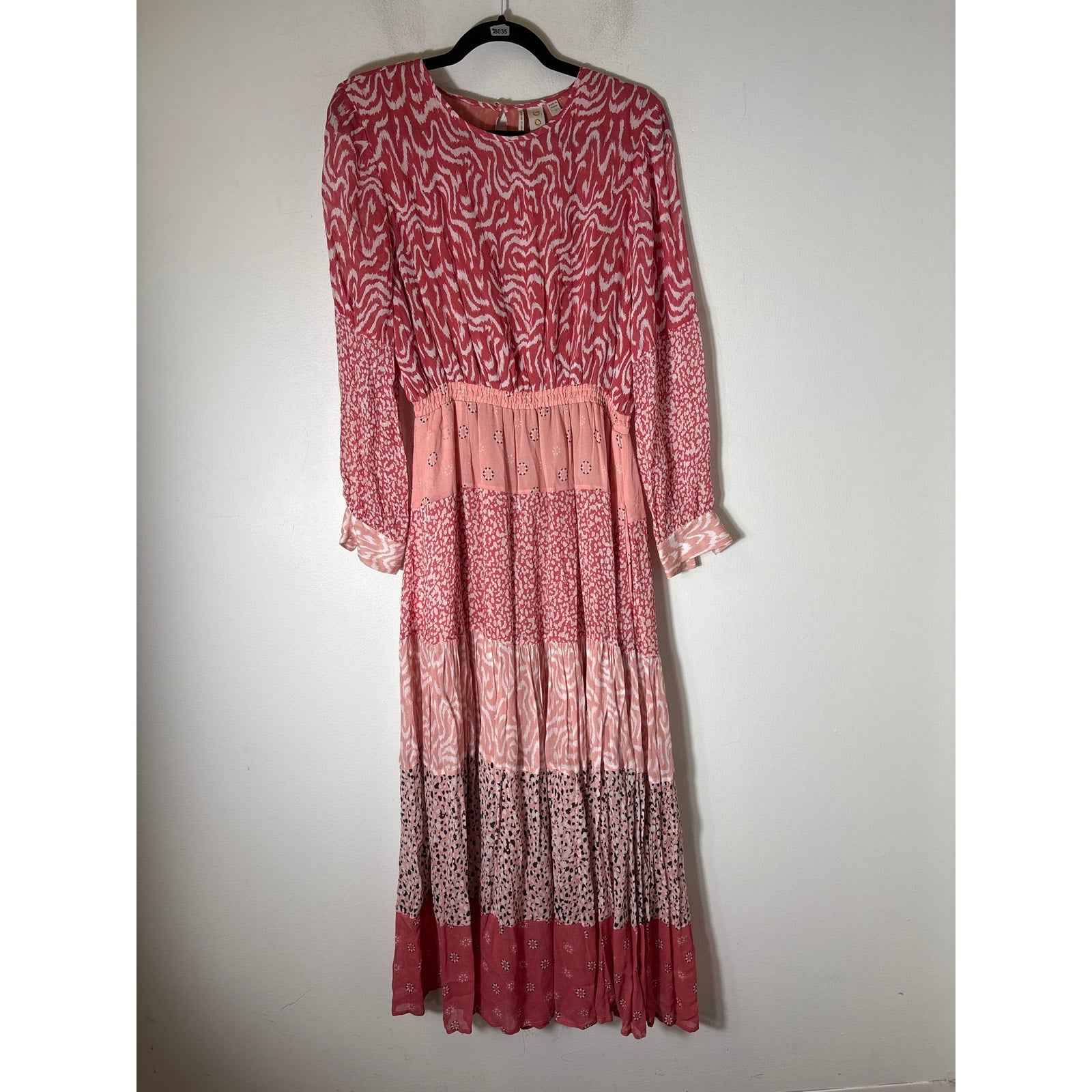 DOLAN Pink Long Sleeve Patchwork Tiered Maxi Dress Sz S