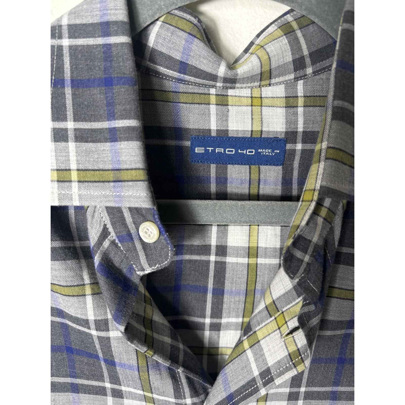 Men's Etro 40 Gray Plaid Long Sleeve Cotton Button Down Shirt Sz