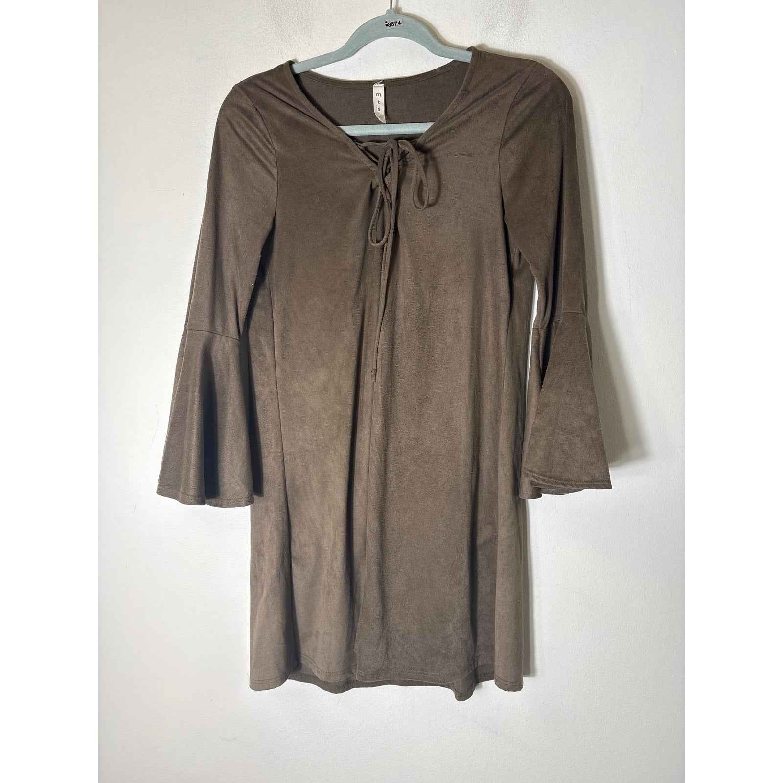 MTS Brown Long Bell Sleeve Knee Length Faux Suede Dress Sz S