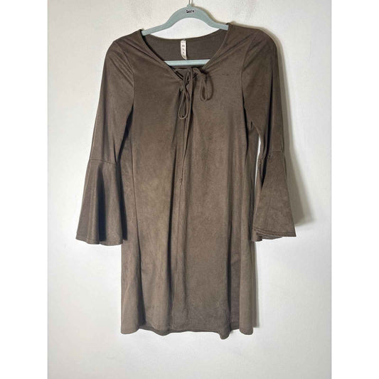 MTS Brown Long Bell Sleeve Knee Length Faux Suede Dress Sz S