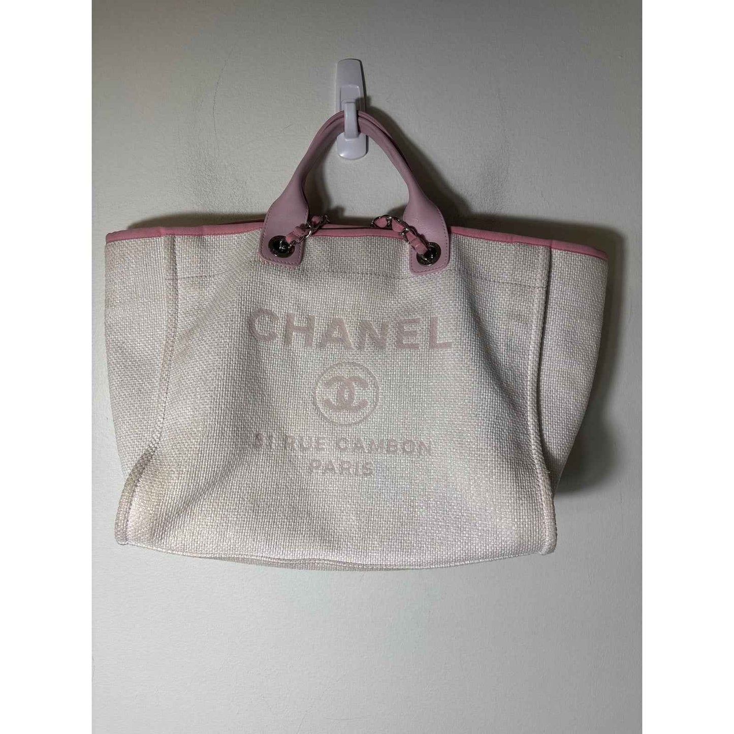 Chanel Deauville Shopping Tote Light Pink Raffia and Canvas Silver Hardware