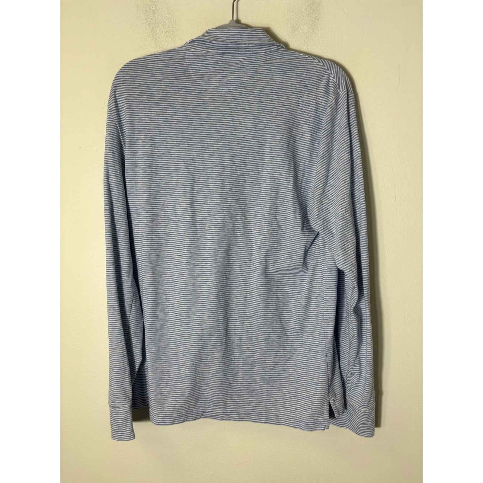 Men's Faherty Brand Blue and White Stripe Long Sleeve Polo Style Shirt Sz M