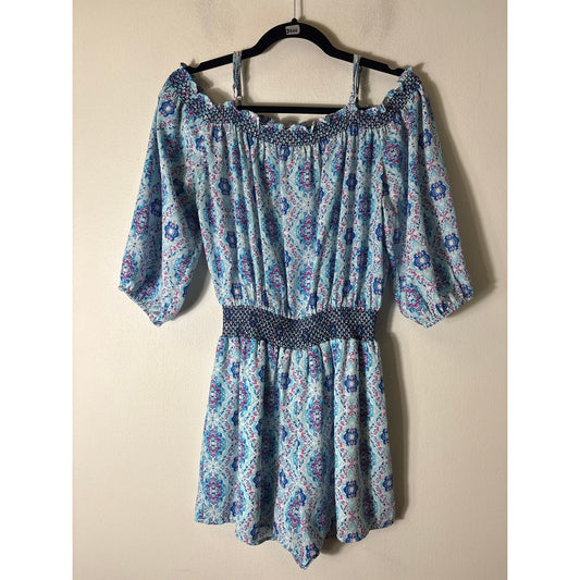 Skies are Blue Blue Cold Shoulder 3/4 Sleeve Smocked Waist Romper Sz XS
