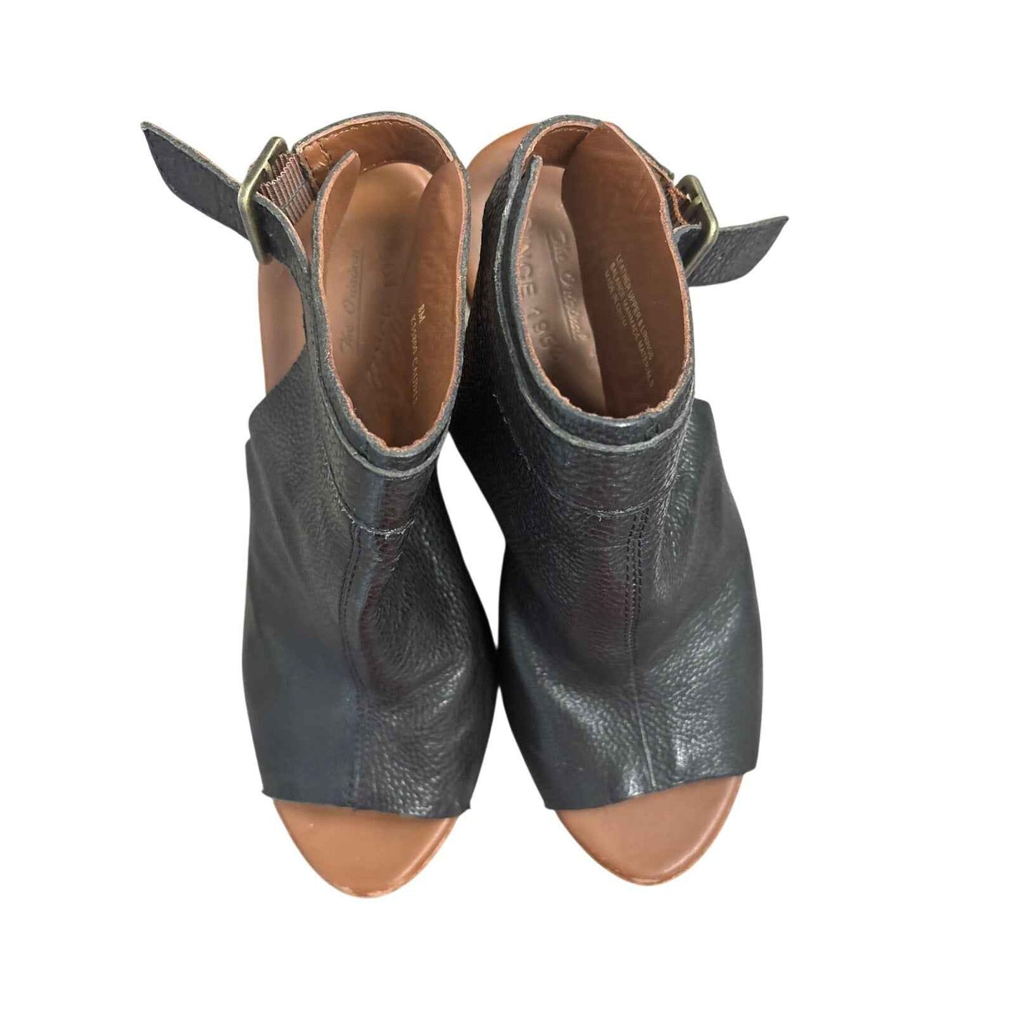 Kork Ease Black Leather Peep Toe Wedges Sz 8