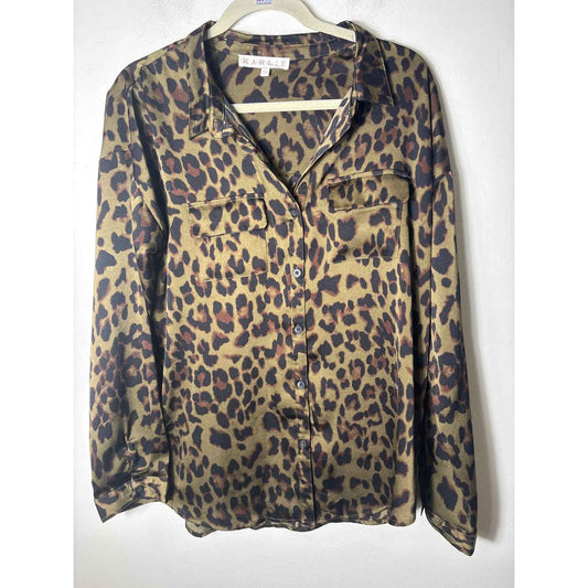 Karlie Green Leopard Print Button UP Shirt Sz L