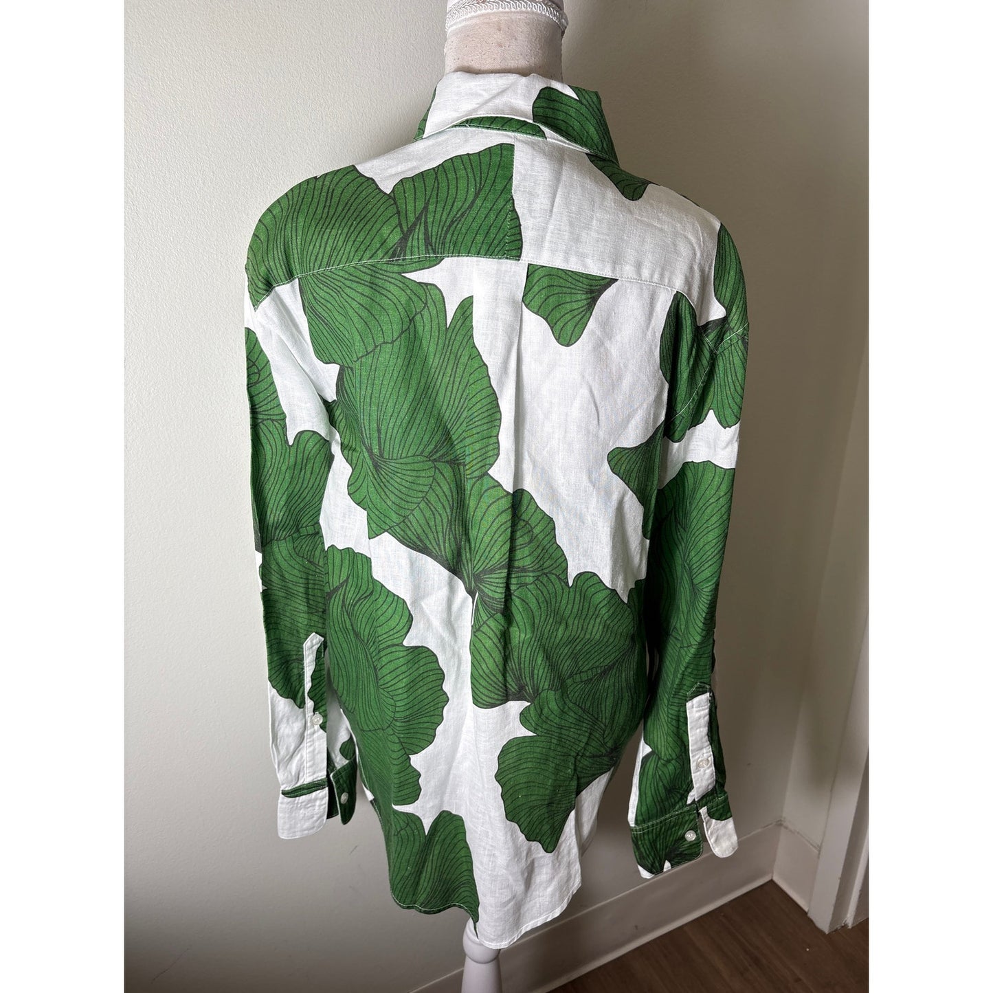 Emily Phillips Linen Green and White Leaf Button Up Shirt Sz XL