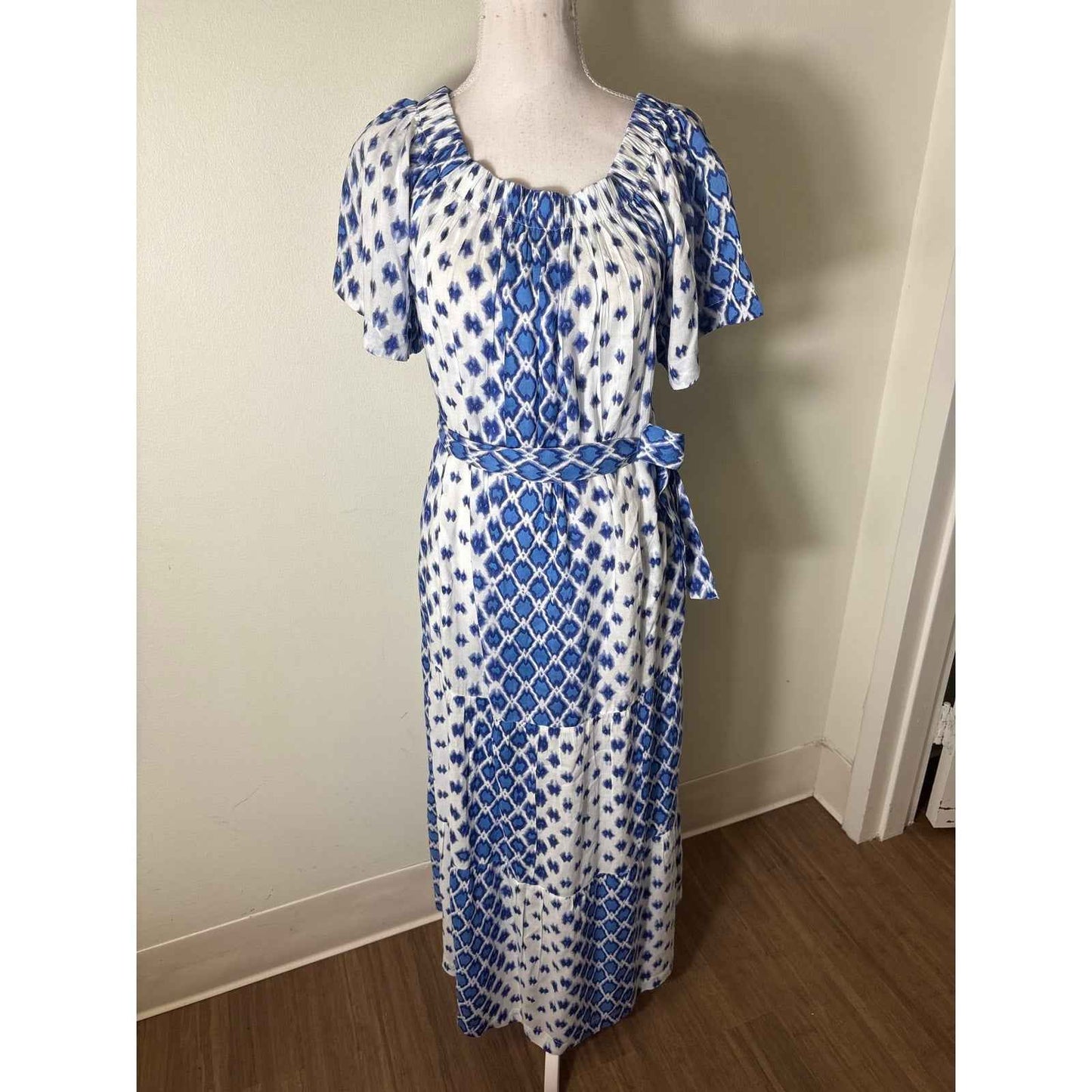 Oliphant Blue White Short Sleeve A-Line Maxi Dress Sz XL