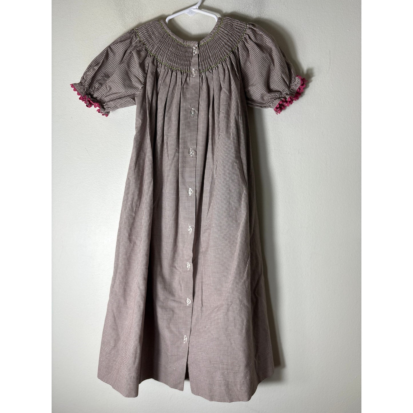 Girls Vintage Castles&Crowns Brown&white Check smocked flowers dress Sz 6