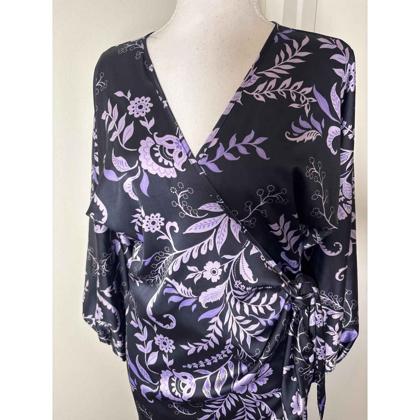 MISA Los Angeles Purple Floral Wrap Midi Dress Sz XS