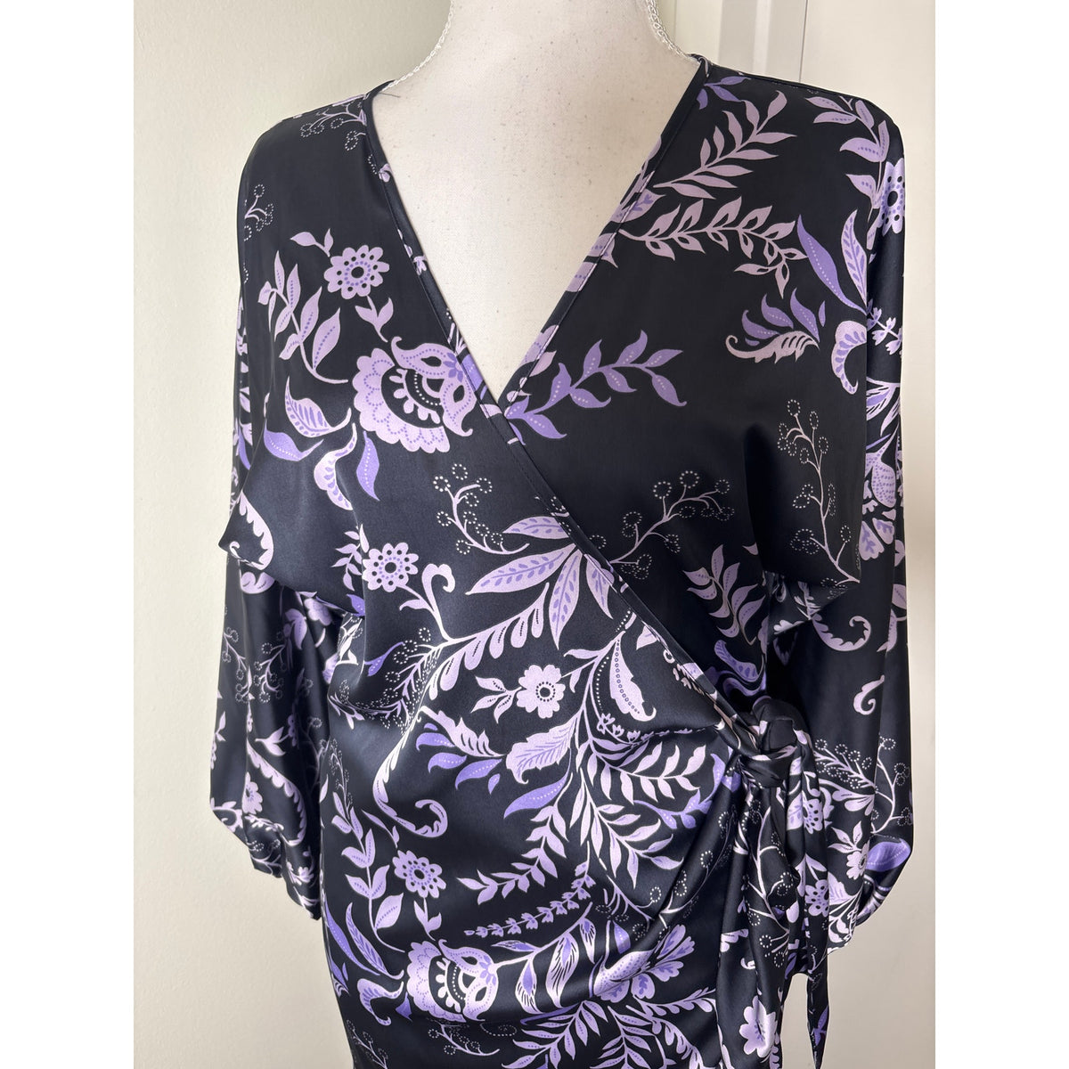 MISA Los Angeles Purple Floral Wrap Midi Dress Sz XS