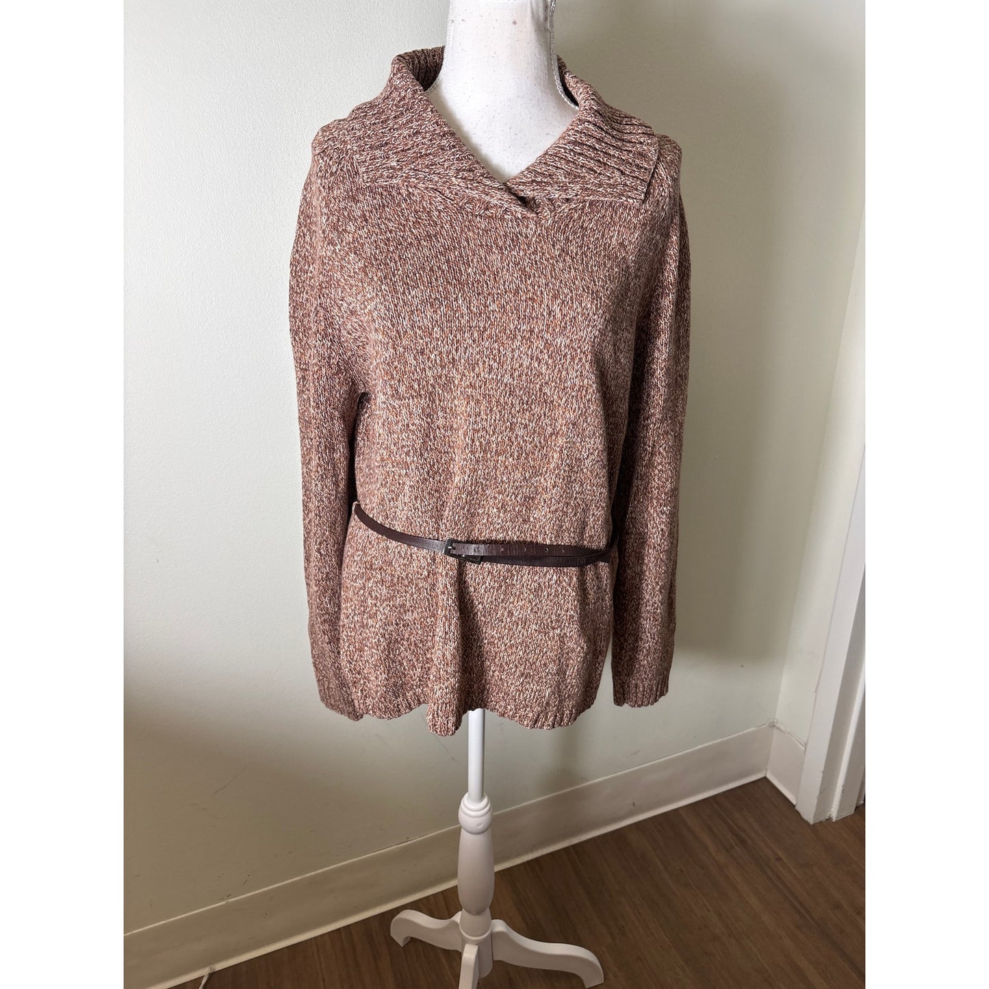 Jeanne Pierre Brown Knit Cotton Foldover Collar Sweater Sz M