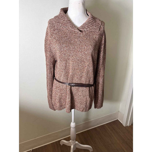 Jeanne Pierre Brown Knit Cotton Foldover Collar Sweater Sz M